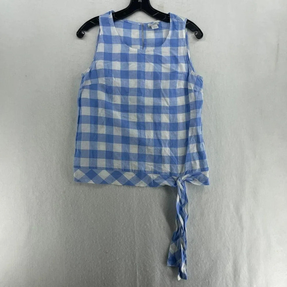 J.Crew Blouse Women's Sz 2 Blue Gingham Round Neck Side-Tie Back Keyhole - Picture 1 of 11